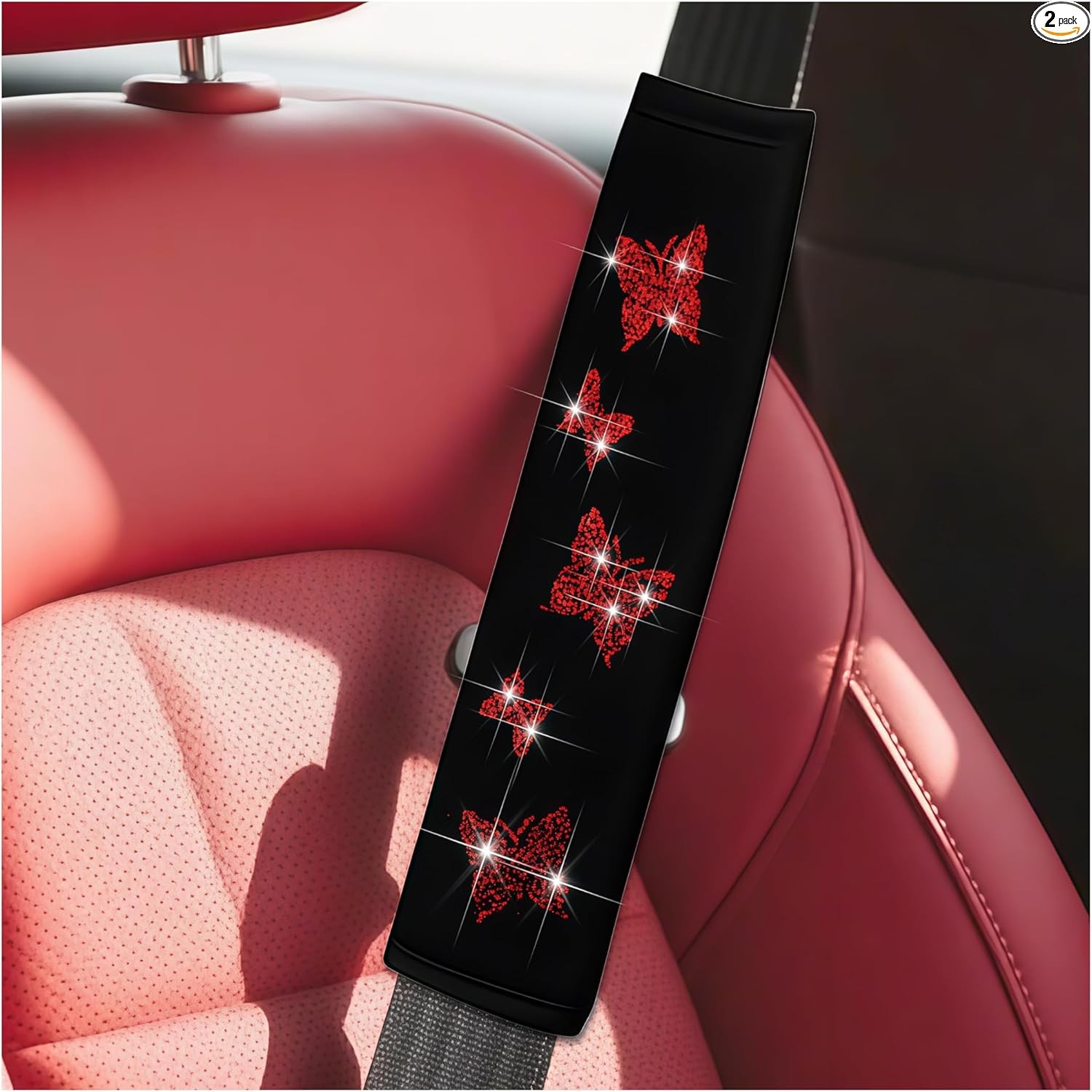 2PCS Car Seat Belt Covers, Polyester Fiber Vehicle Seatbelt Cushion Color: Red