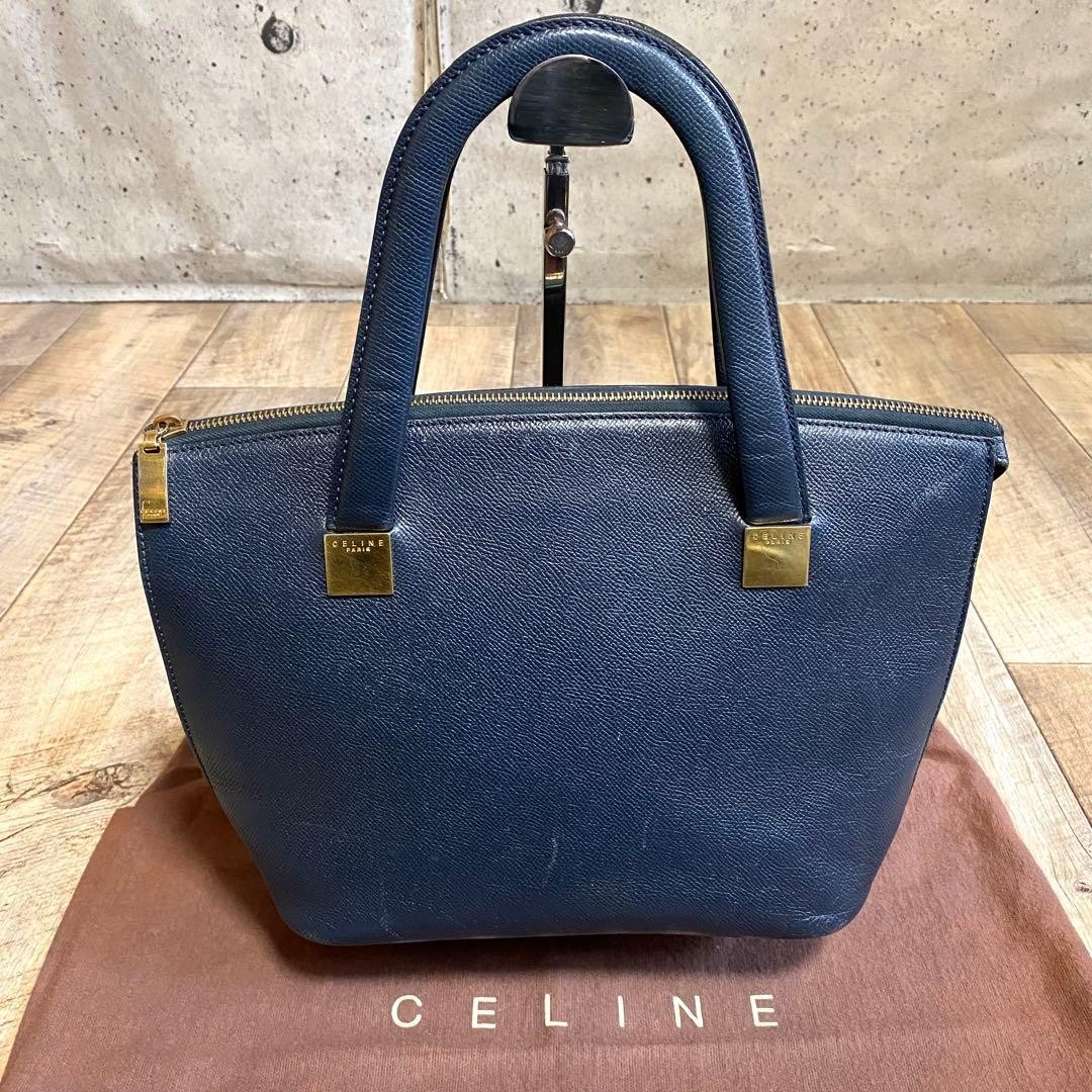 CELINE Authentic Vintage Navy Leather Tote Handbag Gold Logo Zip Top Bag