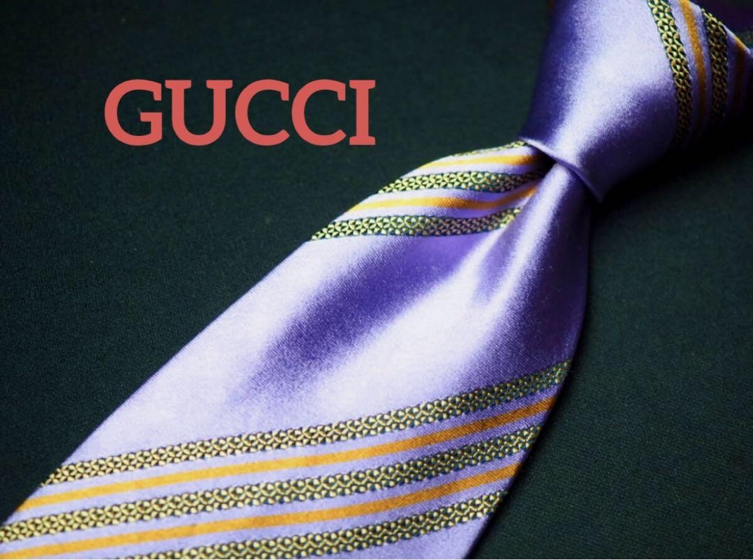 GUCCI Purple X Green Stripe pattern Silk Tie Width 9.7cm Auth Men