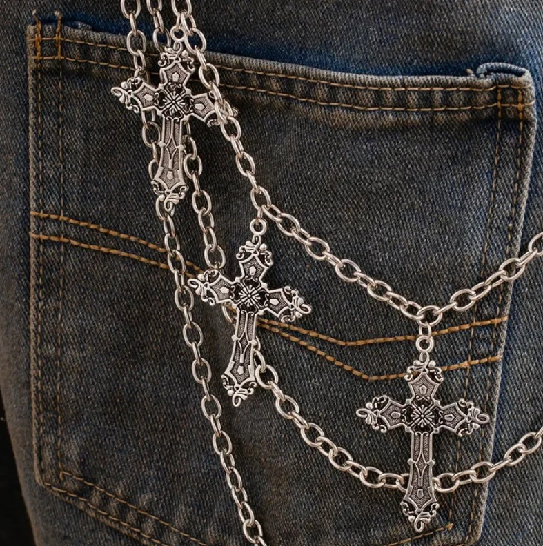 1pc Fashion Punk Metal Pants Chain Silver Cross Hip Hop Waist Accessory – NEW