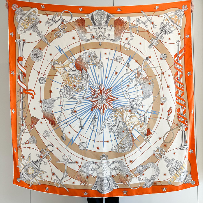 Mulberry Silk Square Scarf Women Neckerchief Wrap Orange wheels Print98