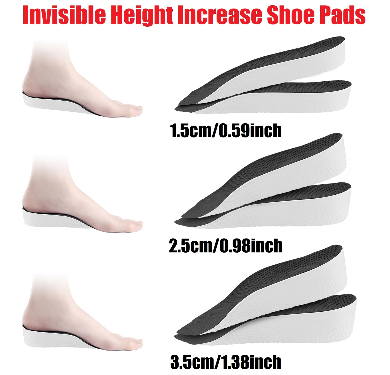 Unisex Boost Height-Increasing Insoles Comfortable Foot Support 0.6/1.0/1.4in