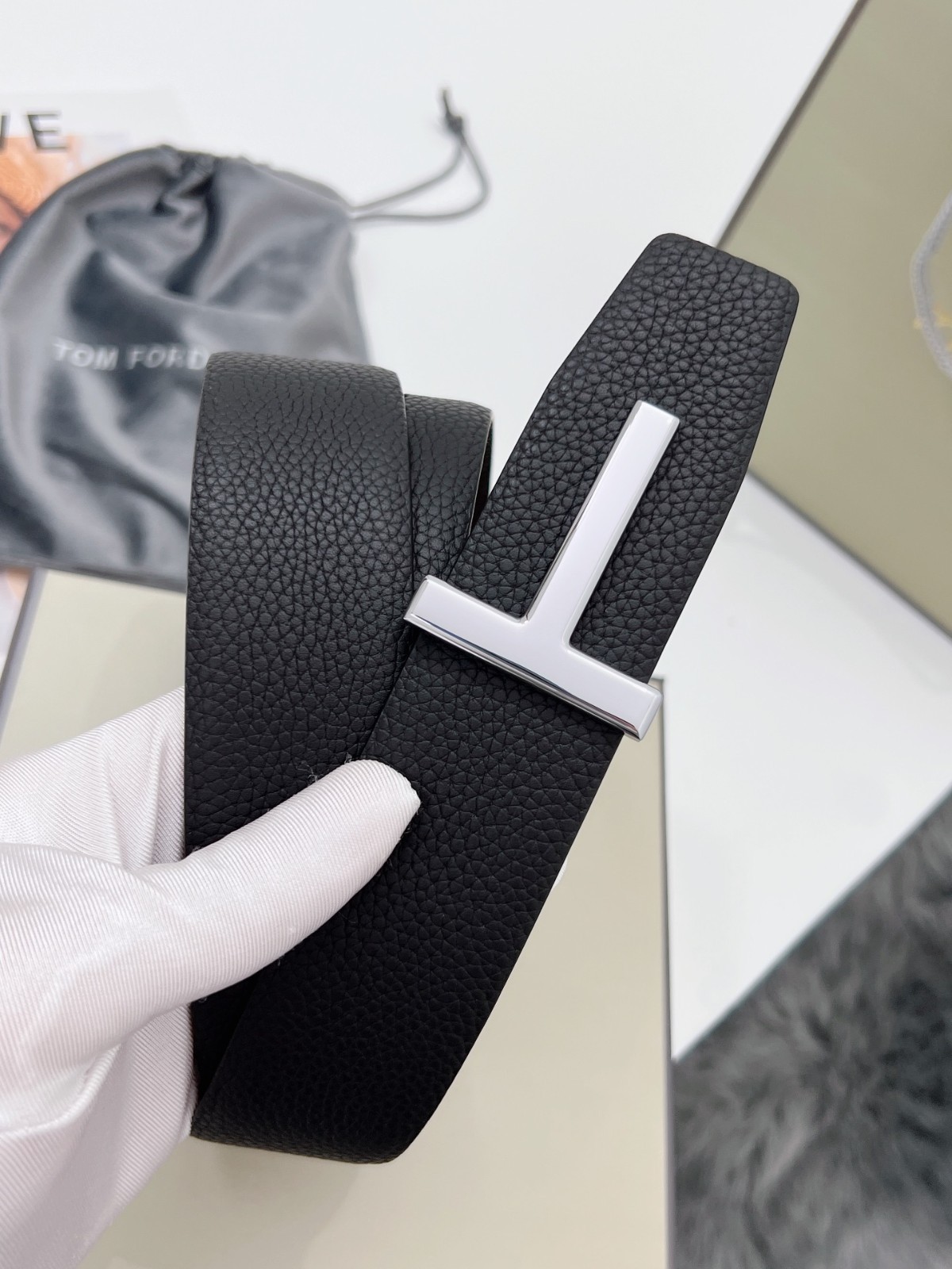 Tom Ford Belt Reversible Silvery T-Buckle, Black /Brown Calfskin Leather