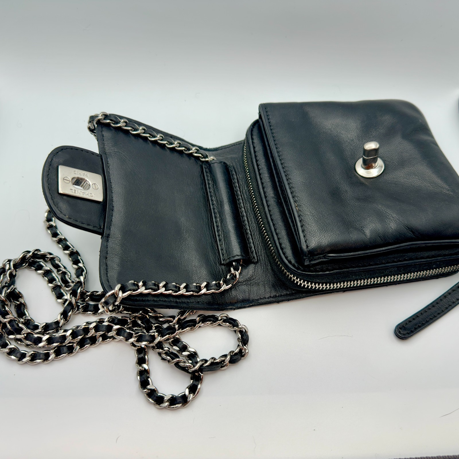 CHANEL Clams Wallet on Chain WOC Black Lambskin Silver Hardware 2012 Authentic