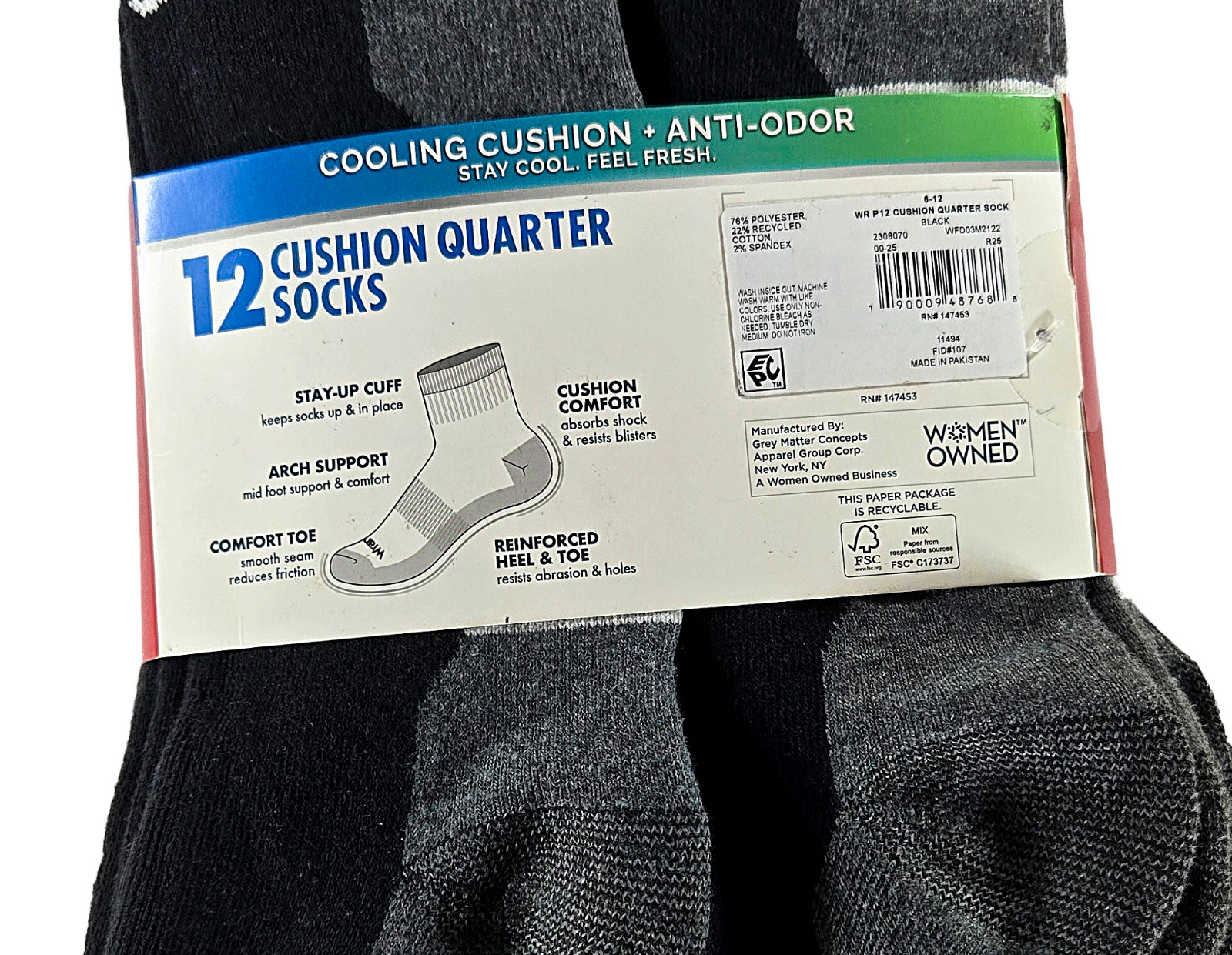 Wrangler Five Star Mens Quarter Socks 12 Pack Black Grey Cushion Size 6-12 NWT