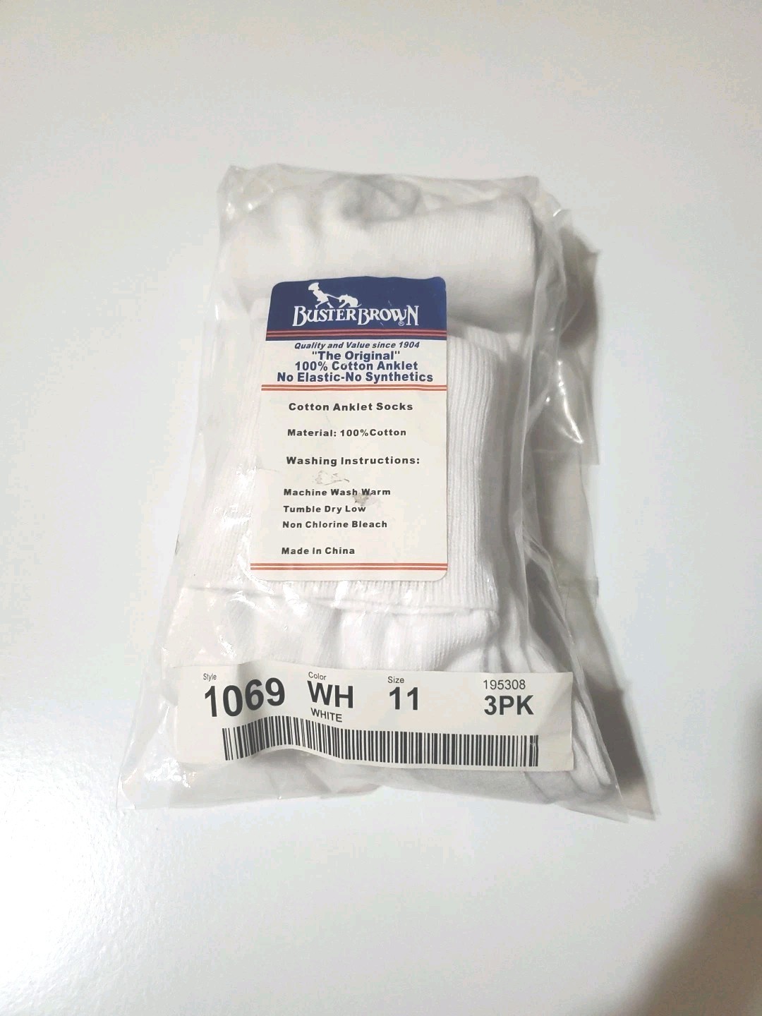 3 Pr Buster Brown 100% Cotton Anklet Socks Sz 11 XL Style 1069 White No Elastic
