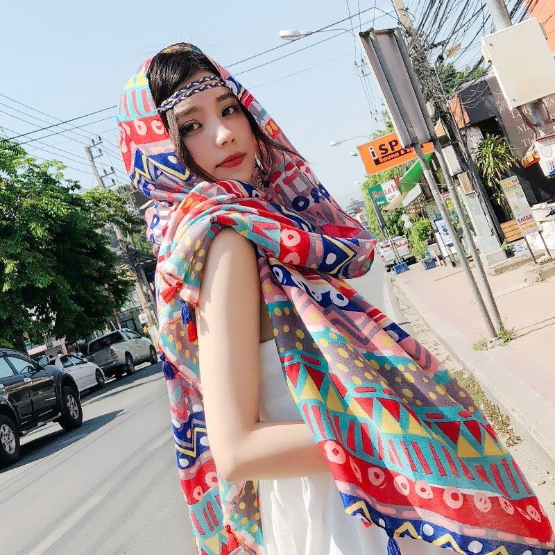 Beach Sun Protection Scarf Cotton Linen Shawl Wrap Long Cover Up Women Summer