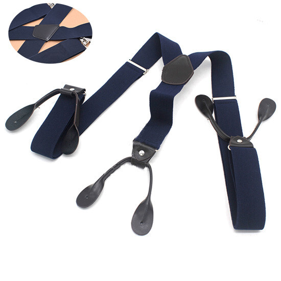 Button Holes Link Men’s Suspenders-Navy Blue Polyester Fiber with Rubber Band