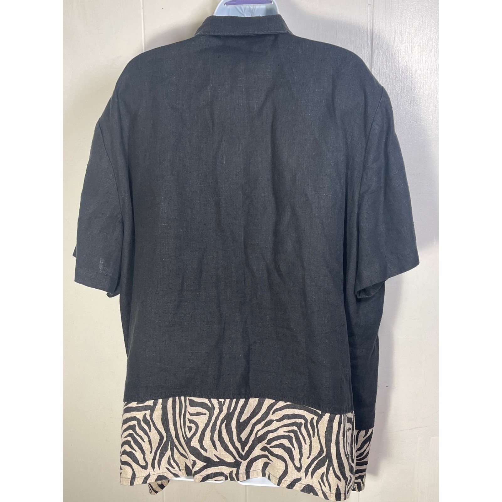Black Linen Zebra Print Animal Safari Button Top 24W earthy festival wildlife