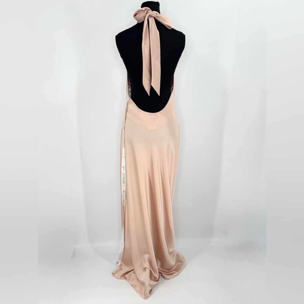 Social by Dessy 8223 Scarf Tie Halter Maxi Gown Dress, Cameo Beige, Size M NWT
