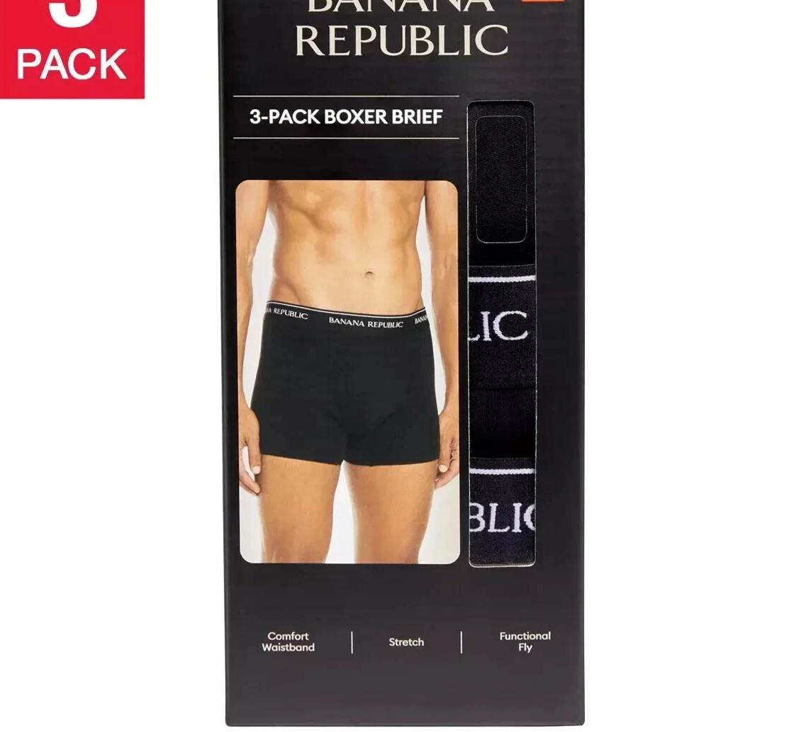 Banana Republic Men’s Comfort Waistband Stretch 3-Pack Boxer Brief, Black, M