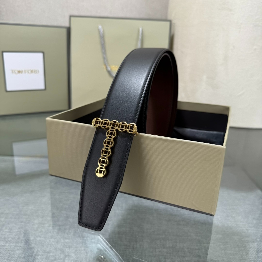 Authentic Tom Ford Men’s Reversible Calfskin Leather Black/Brown Belt T-Buckle