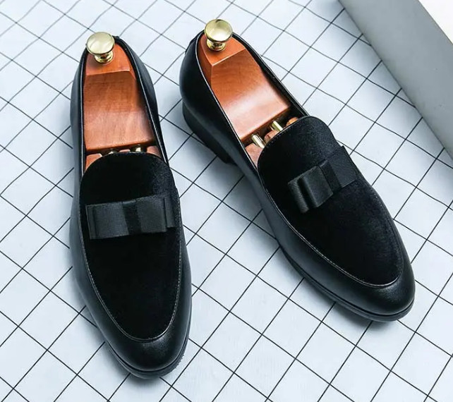 Men’s Velvet Splicing Color Block Bowknot Loafers Dress Shoes Wedding Oversize