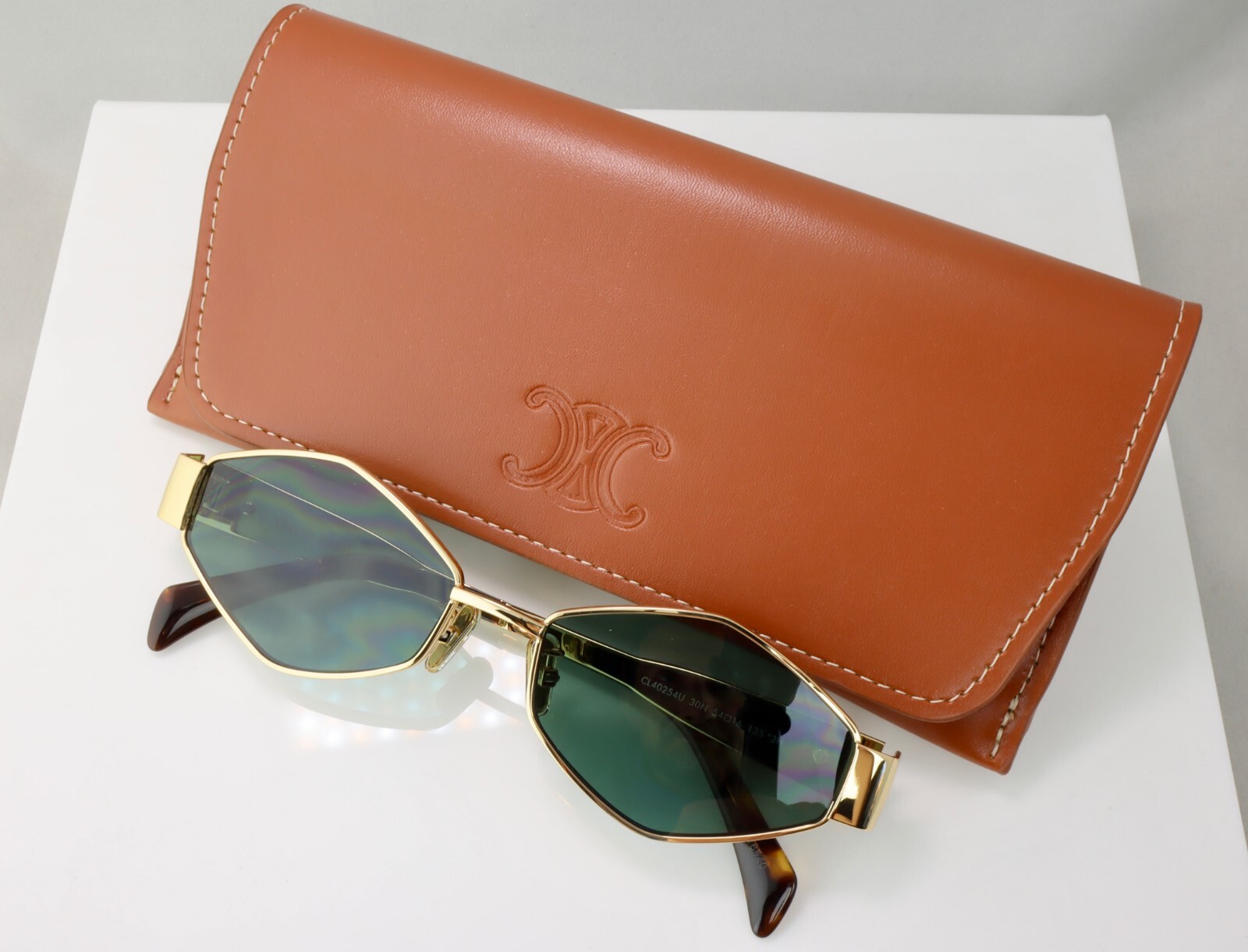 Celine CL40254U 30N 54mm Rectangle Gold Sunglasses with Green Lens