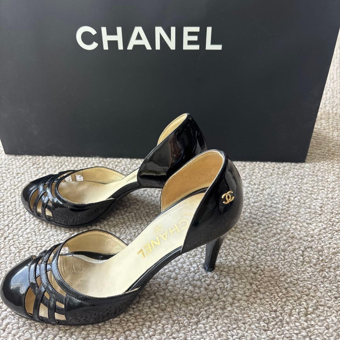 CHANEL Open Toe High Heels 36.5 Black Patent Leather 7.1-10cm Heel
