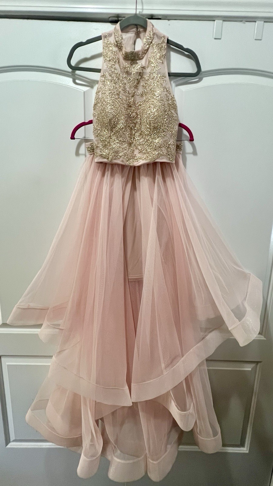 Gold Embroidered Sleeveless High Neck Top & Pink Layered Tulle Long Formal Dress