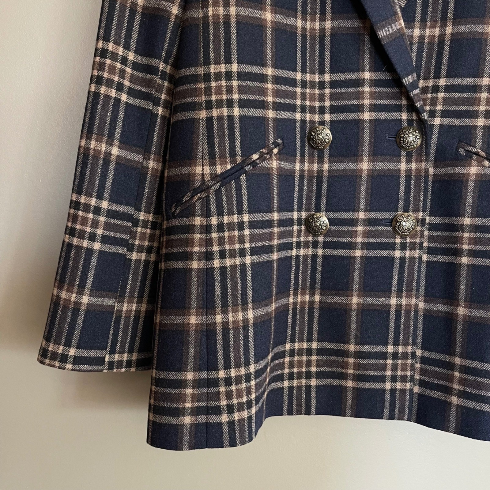 Veronica Beard Oria Dickey Jacket Ink Camel Size 8 Blue Tan Plaid Chic Academia