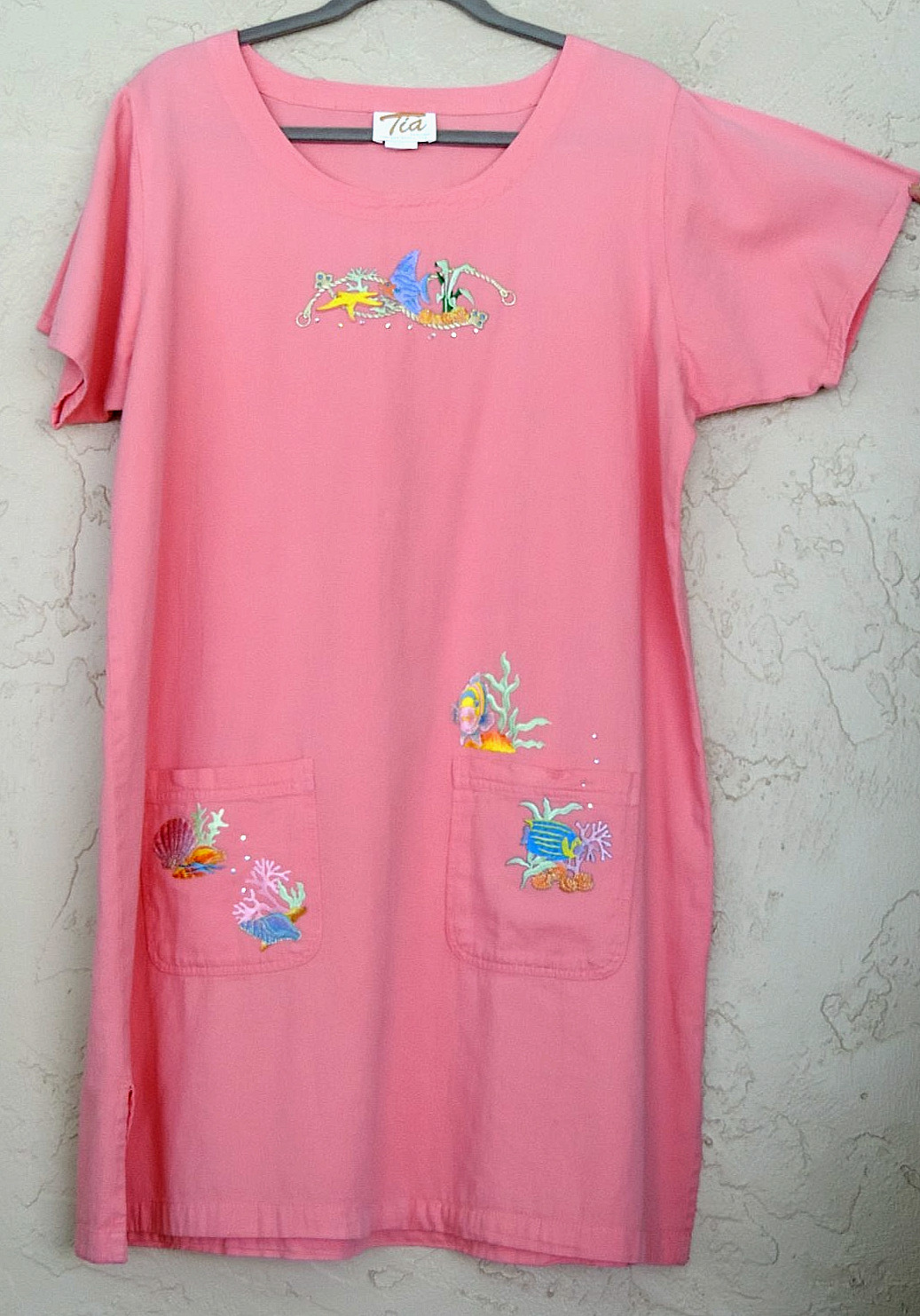 TIA Designs Pompano Beach Sz XL L Peachy Pink Dress Tunic Fish Applique Cotton