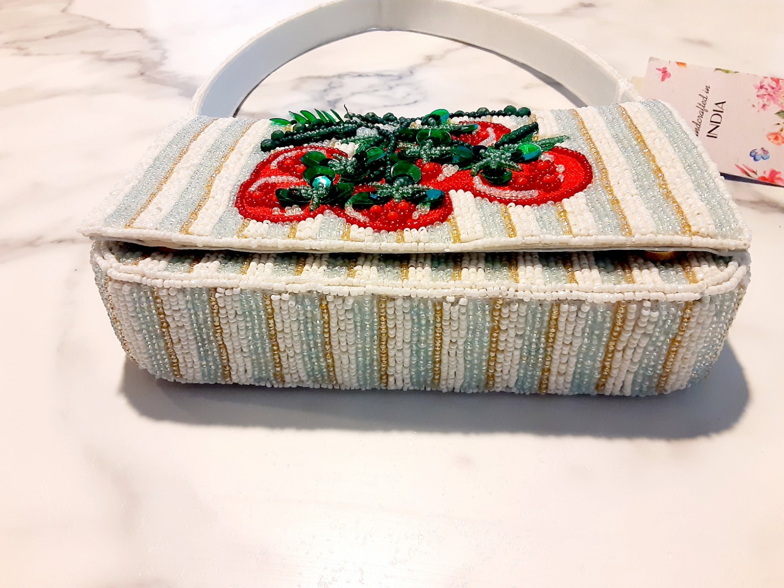 Made in India Beaded Tomato Striped Mini Shoulder Bag Purse White Gold Mint