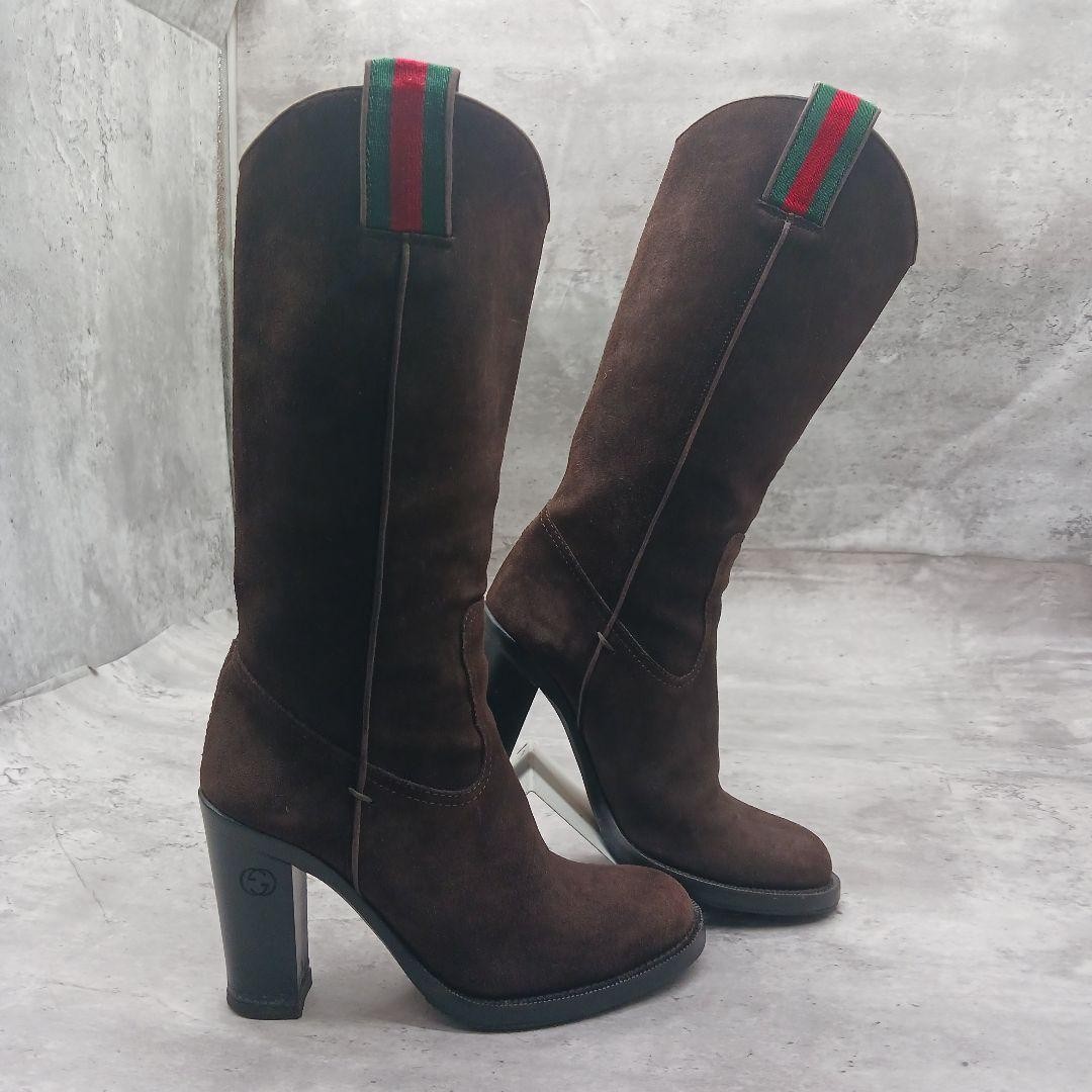 Gucci Sherry Line Suede Long Boots Brown Size 35C (22.5cm) Heel 9.7cm 061153d