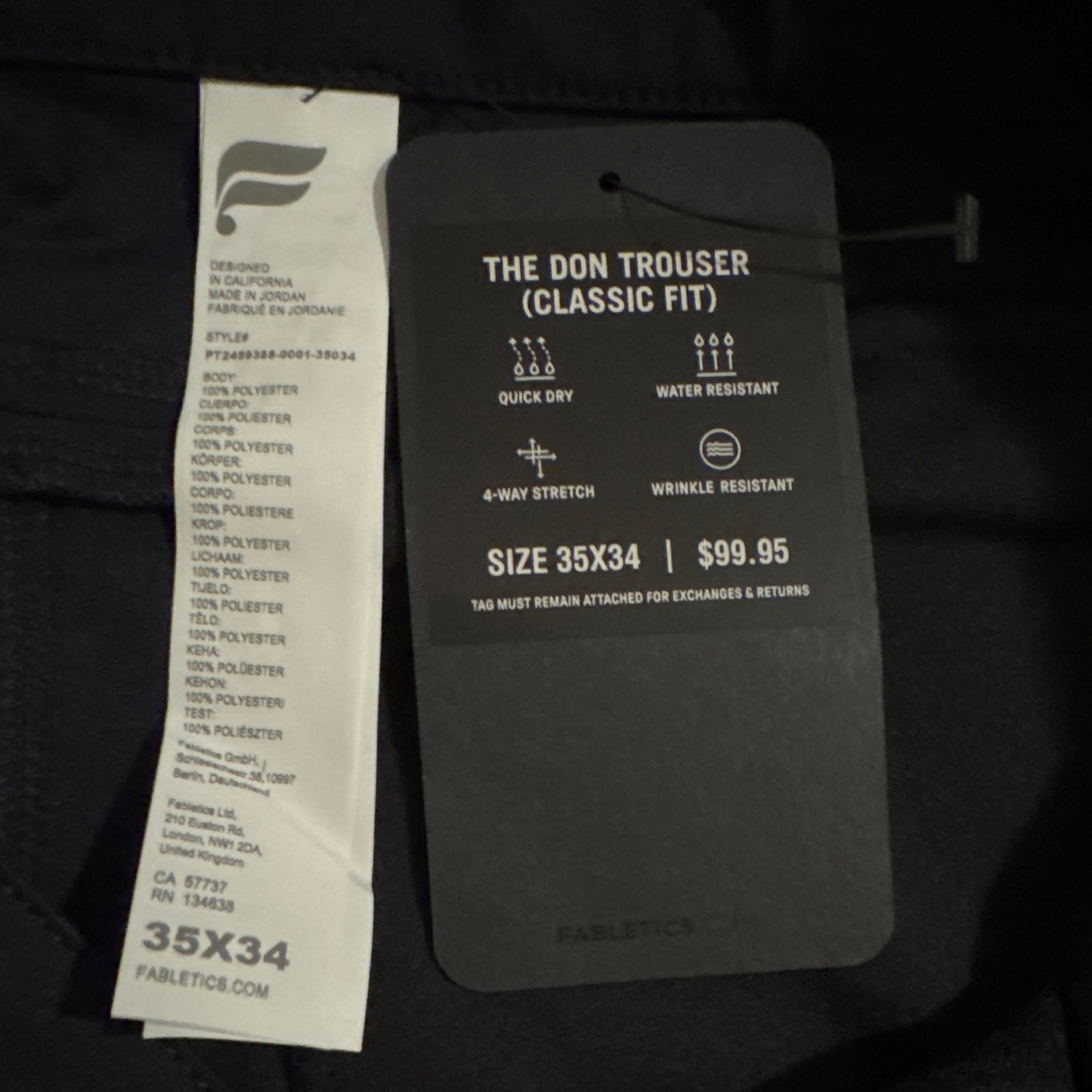 Fabletics – The Don Trouser – Men’s – Black – Classic Fit – Dress Pants – 35×34