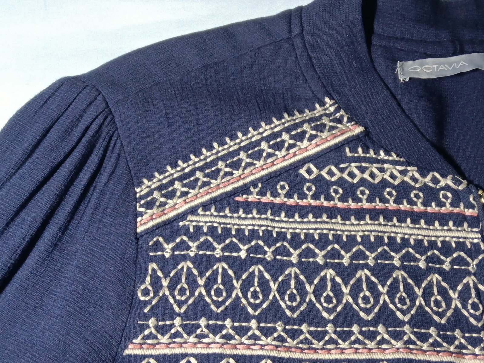 Octavia Zip Front Smocked Shirt Cotton 3/4 Sleeve Swing Peblum Fair Isle Size S