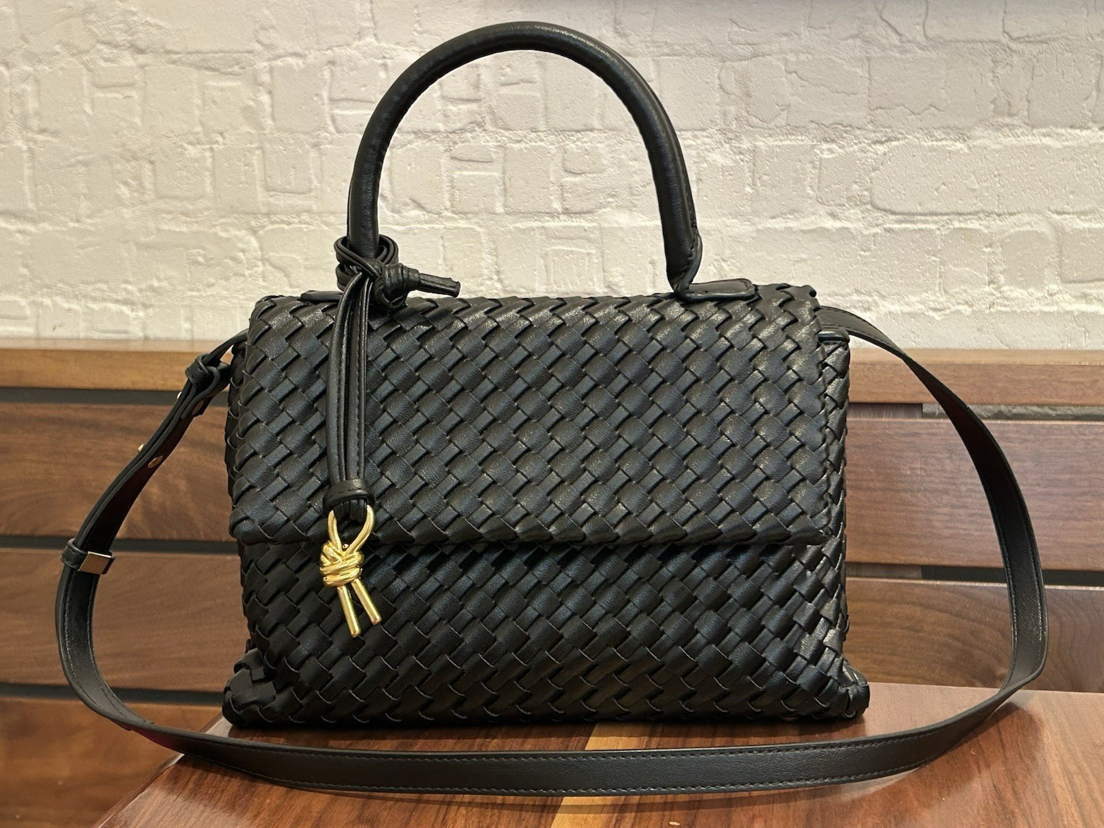 Women’s Black Woven Satchel Top Handle Turn Lock, Detachable Strap Gold Hardware