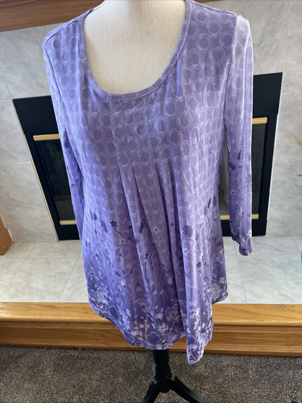 Valolia L Light Purple Floral Tunic 3/4 Slvs Scoop Neck Lined Poly/Spndx