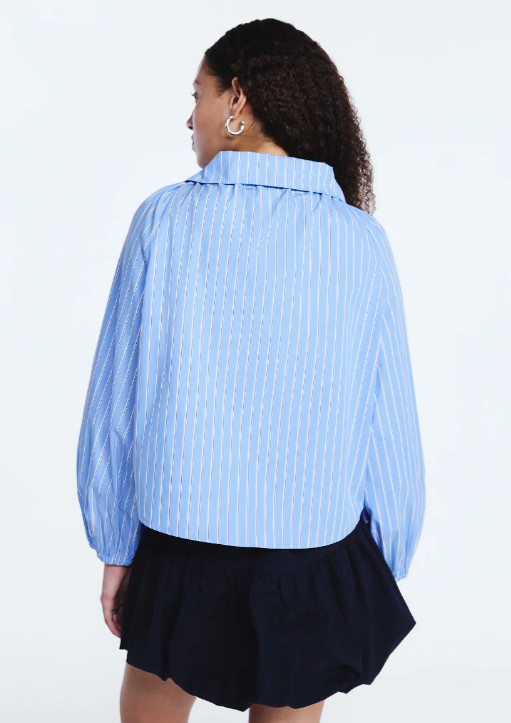 Free Assembly Puff Neck Tie Blue White Striped Ruffle Blouse Women NWT *26