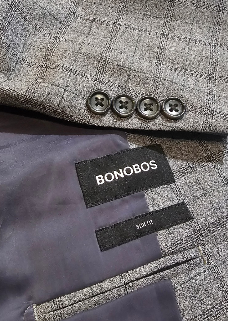 Bonobos Slim Fit Wool Blend Dual Vent Stitched Lapel Gray Windowpane Blazer 42R