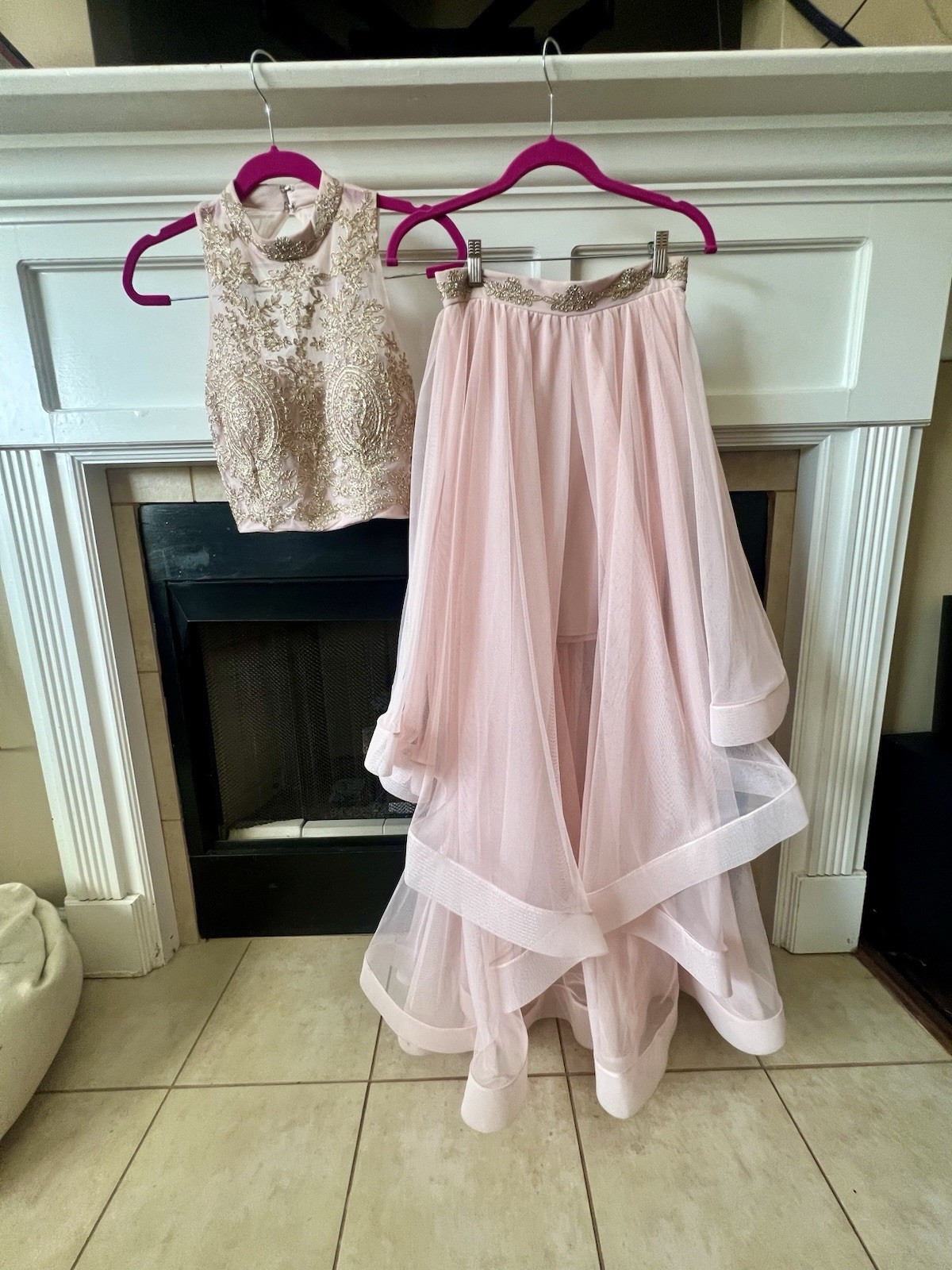 Gold Embroidered Sleeveless High Neck Top & Pink Layered Tulle Long Formal Dress