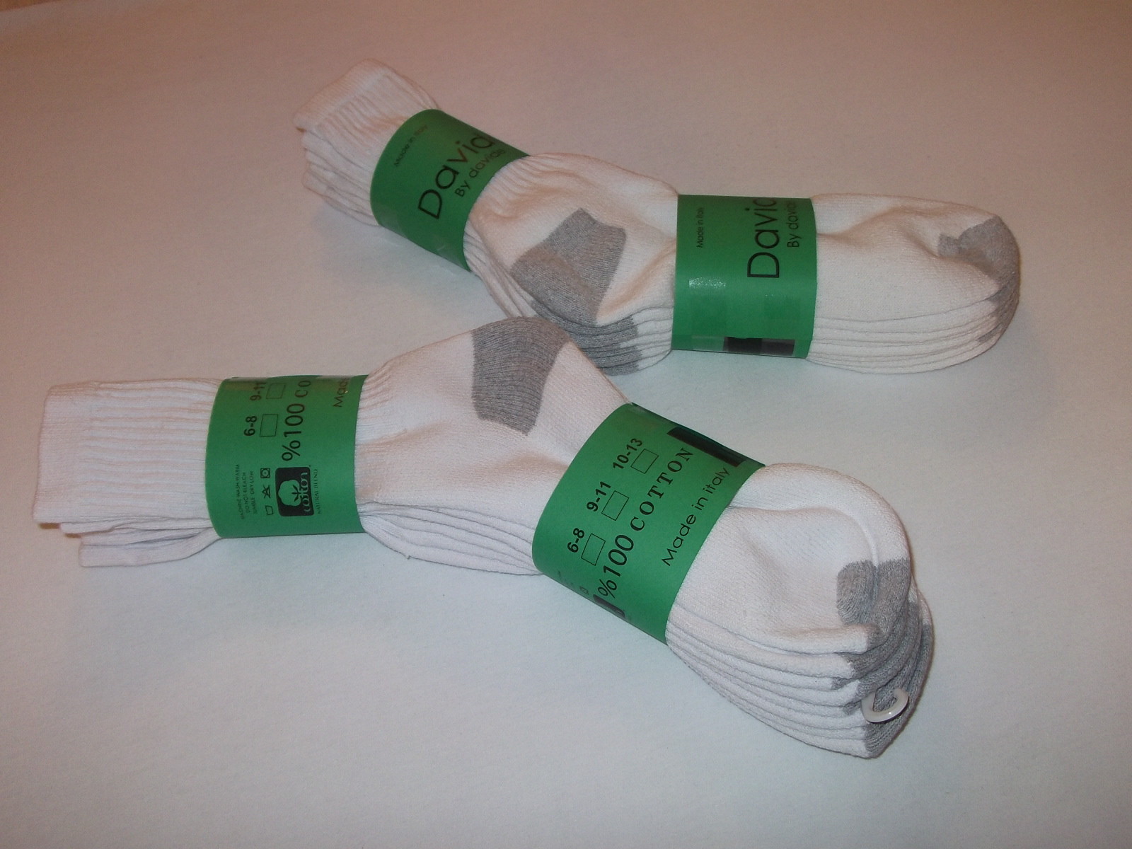 Davido Mens socks crew long 100% cotton made in Italy white/gray 6 pack 9-11