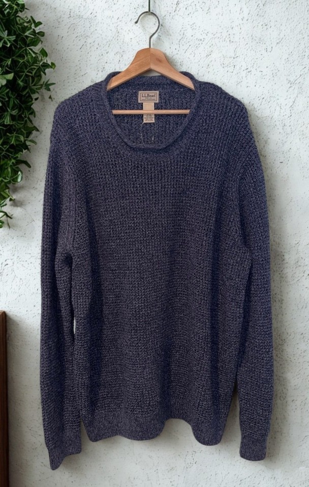 L.L. Bean Organic Cotton Fisherman Sweater 2XL Blue Roll Neck Waffle Knit NWT