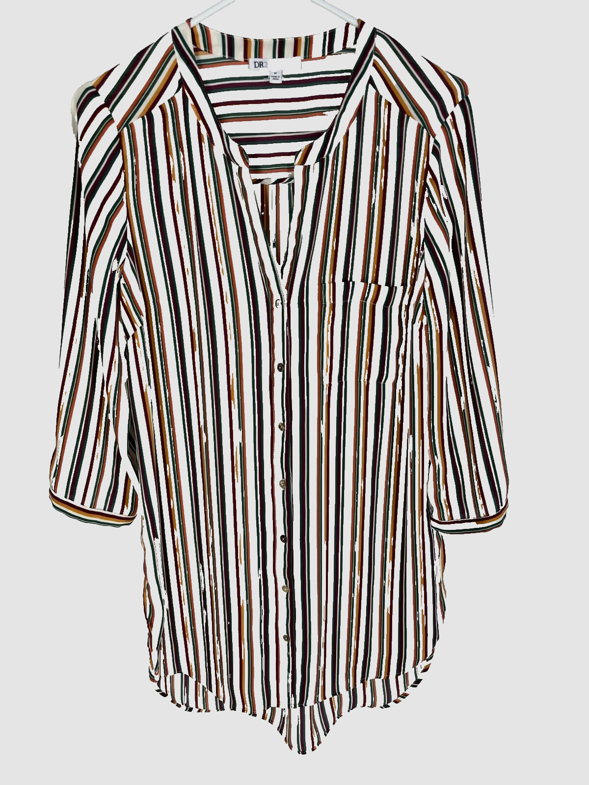 DANIEL RAINN DR2 STITCH FIX Blouse Tunic Size Medium Fall Colors Striped Hi Low
