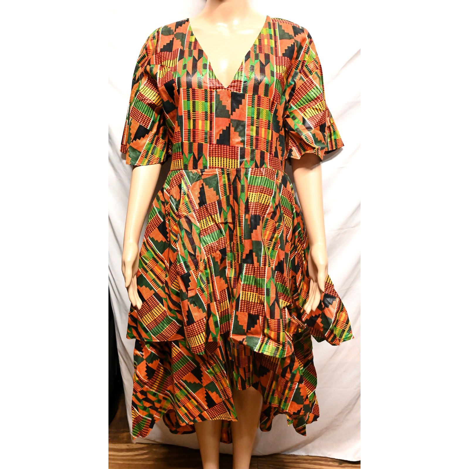 Karan African Print Ruffled Hi-Low Dress DFD75 FREE SIZE 100% Cotton NWT