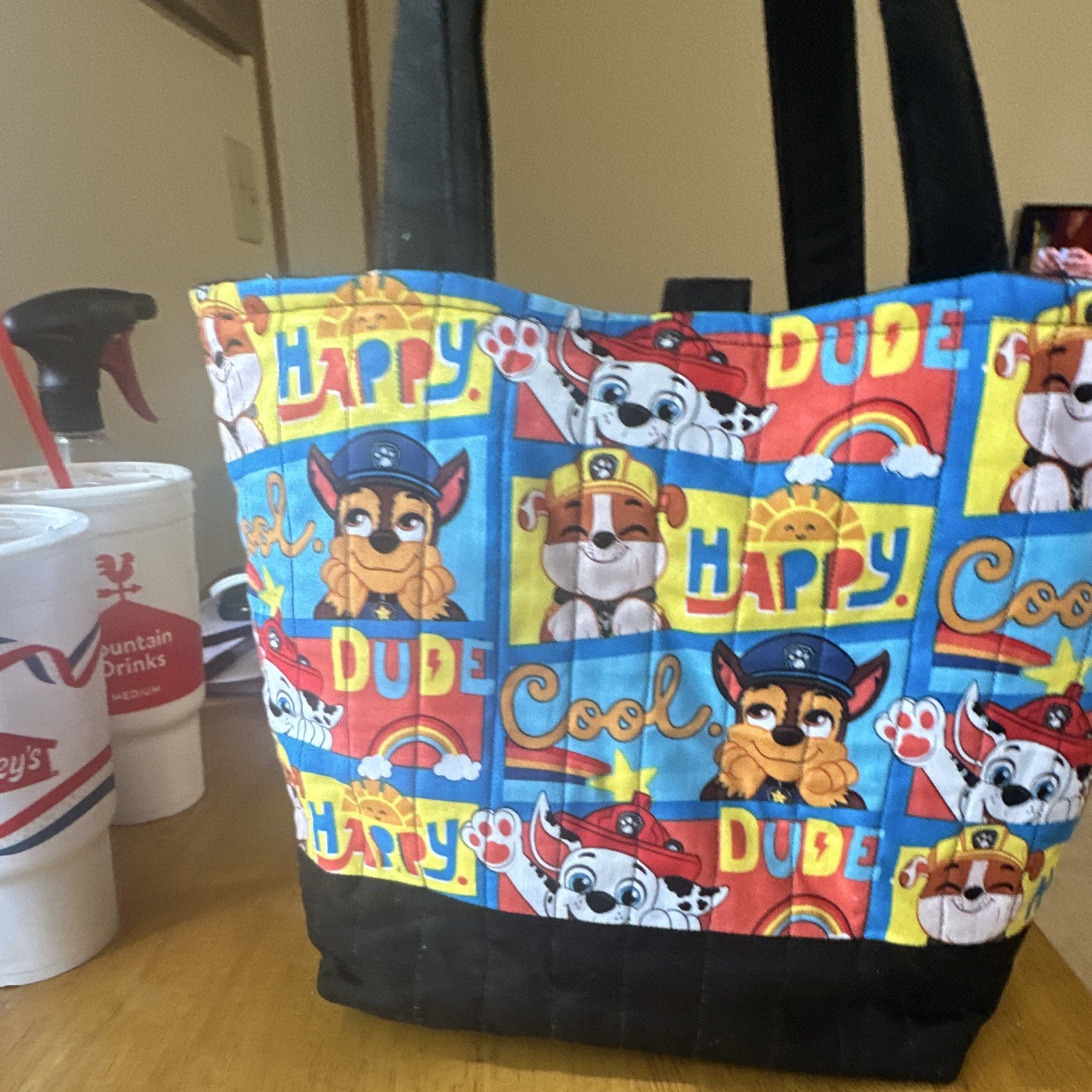 Paw Patrol handmade quilted Tote Bag, Bow Accent, button, Lined, Pockets