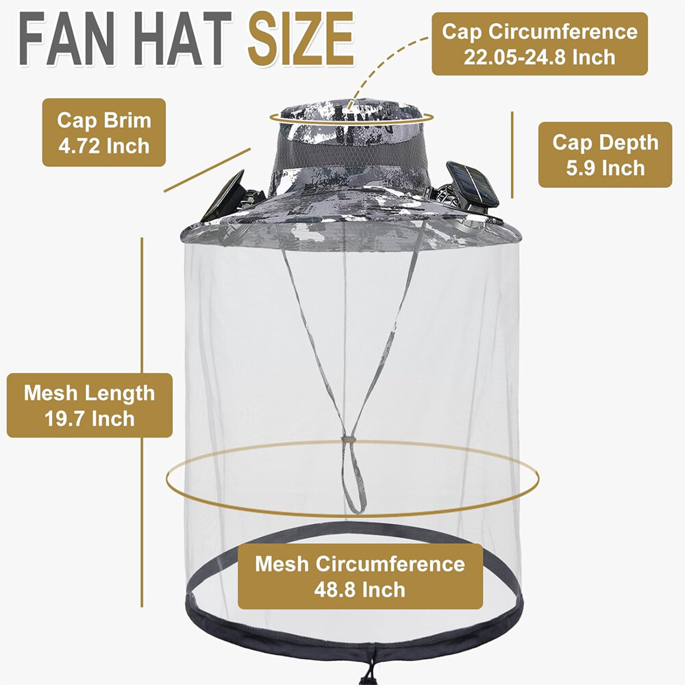 Solar Fan Hat With Mosquito Net Men Wide Brim Fishing Outdoor Bucket Sun Hat Cap