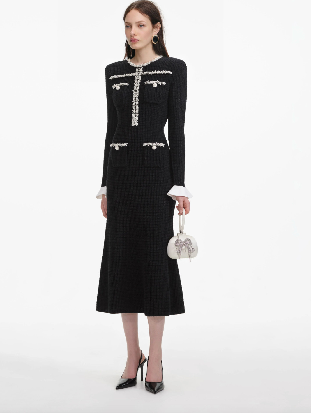 self-portrait – Black Pearl Trim Knit Midi Dress Small – MSRP $615 – NWT