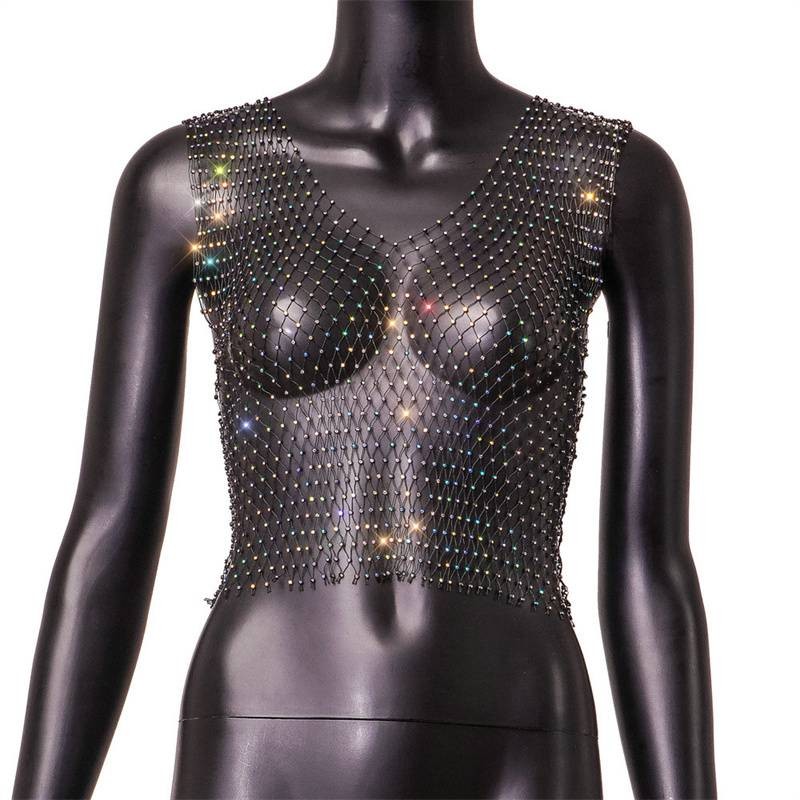 Summer Rhinestones Backless Leqoel Sexy Mesh Fashion See Through Tank Hollow