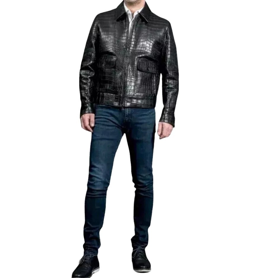 Men’s Black Real Leather Crocodile Embossed Biker Jacket Alligator Print Coat