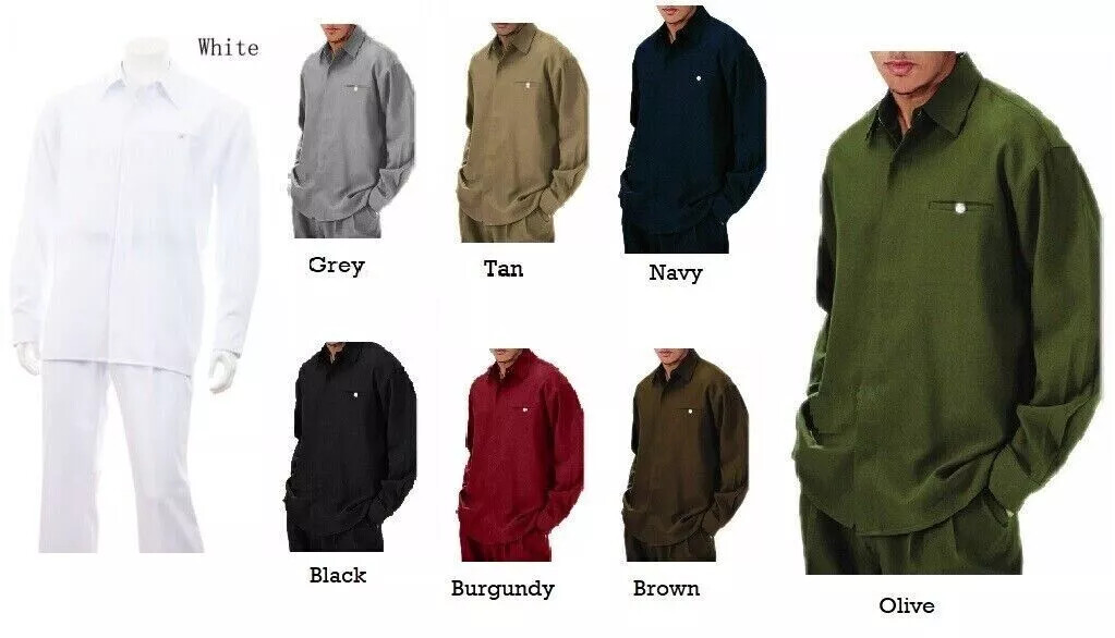 Men’s 2pc Walking Suit Long Sleeve Casual Shirt & Pants Set Solid Color