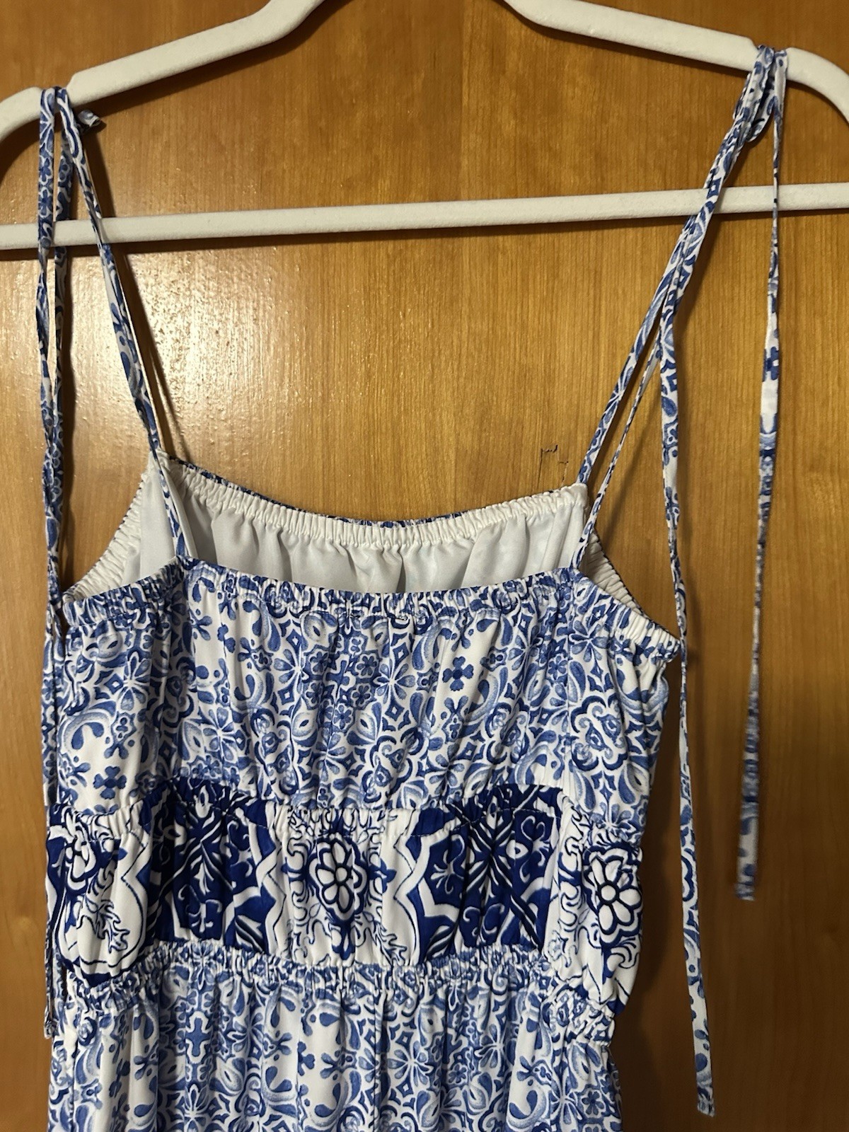 Express Women’s Blue White Mediterranean Spaghetti Strap Tie Maxi Pockets S