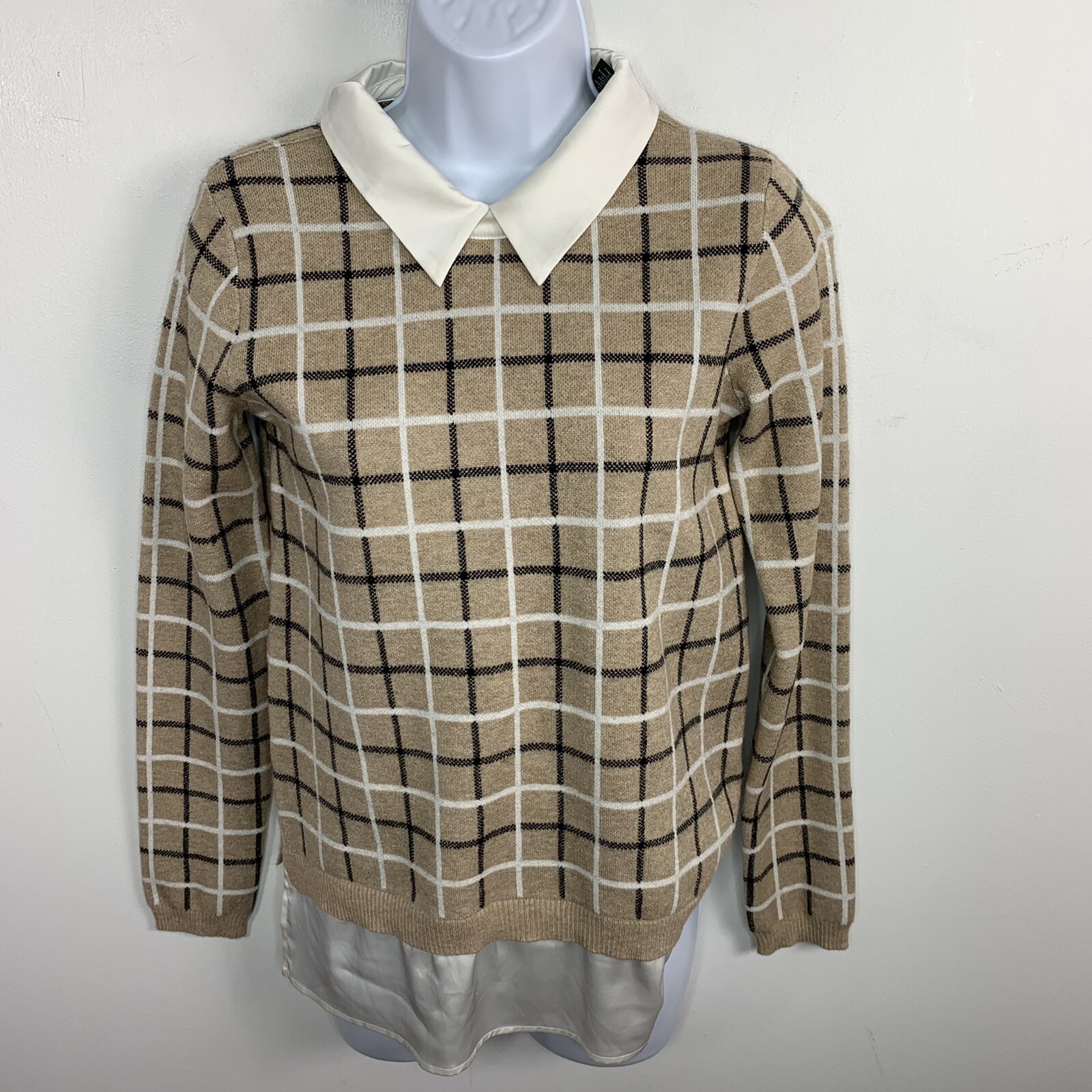 Tahari Sweater sz XS Beige White Plaid Old Money Ivy League Heritage Classic