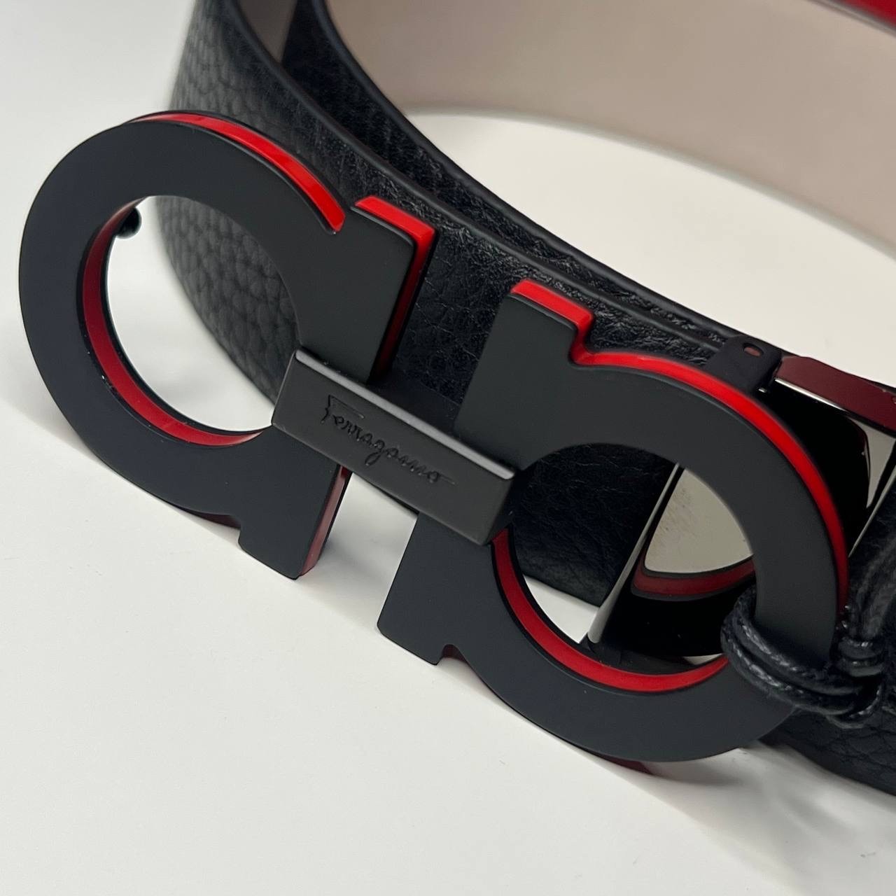 Black Pebbled Leather Salvatore Ferragamo Mens Belt with Black Buckle