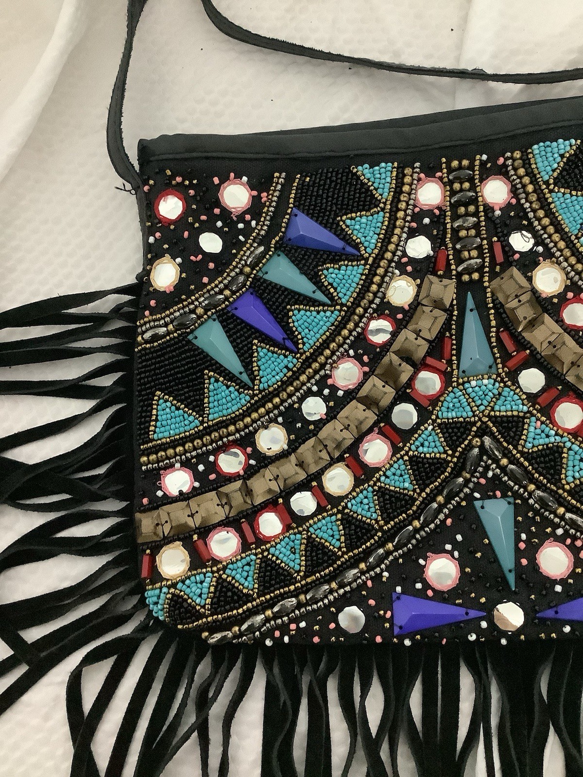 Black/Multicolor Geometric Crossbody Bag Beaded Fringe Zip