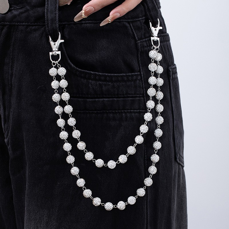 Layered Rhinestone Wallet Chain Jean Pants Key Chain Unisex Hip Hop Accessory