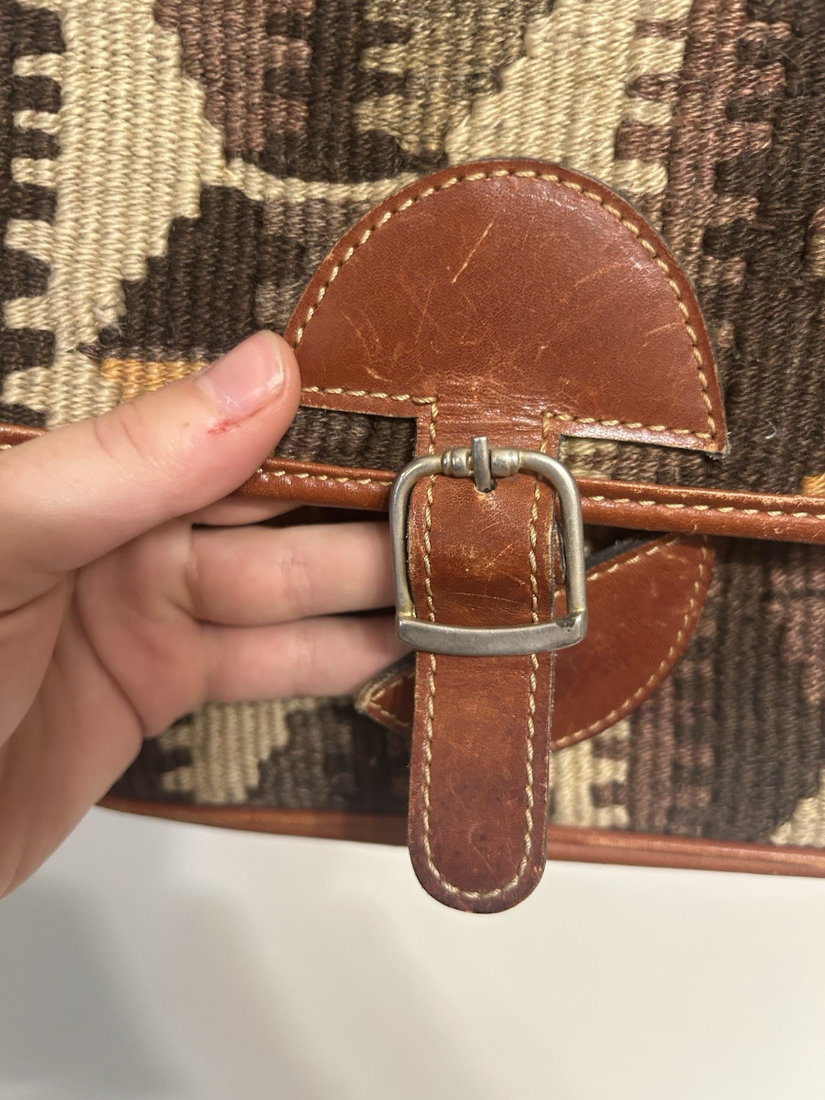 Vintage Genuine Kilim Wool Leather Woven Crossbody Shoulder Bag Made in Turkey