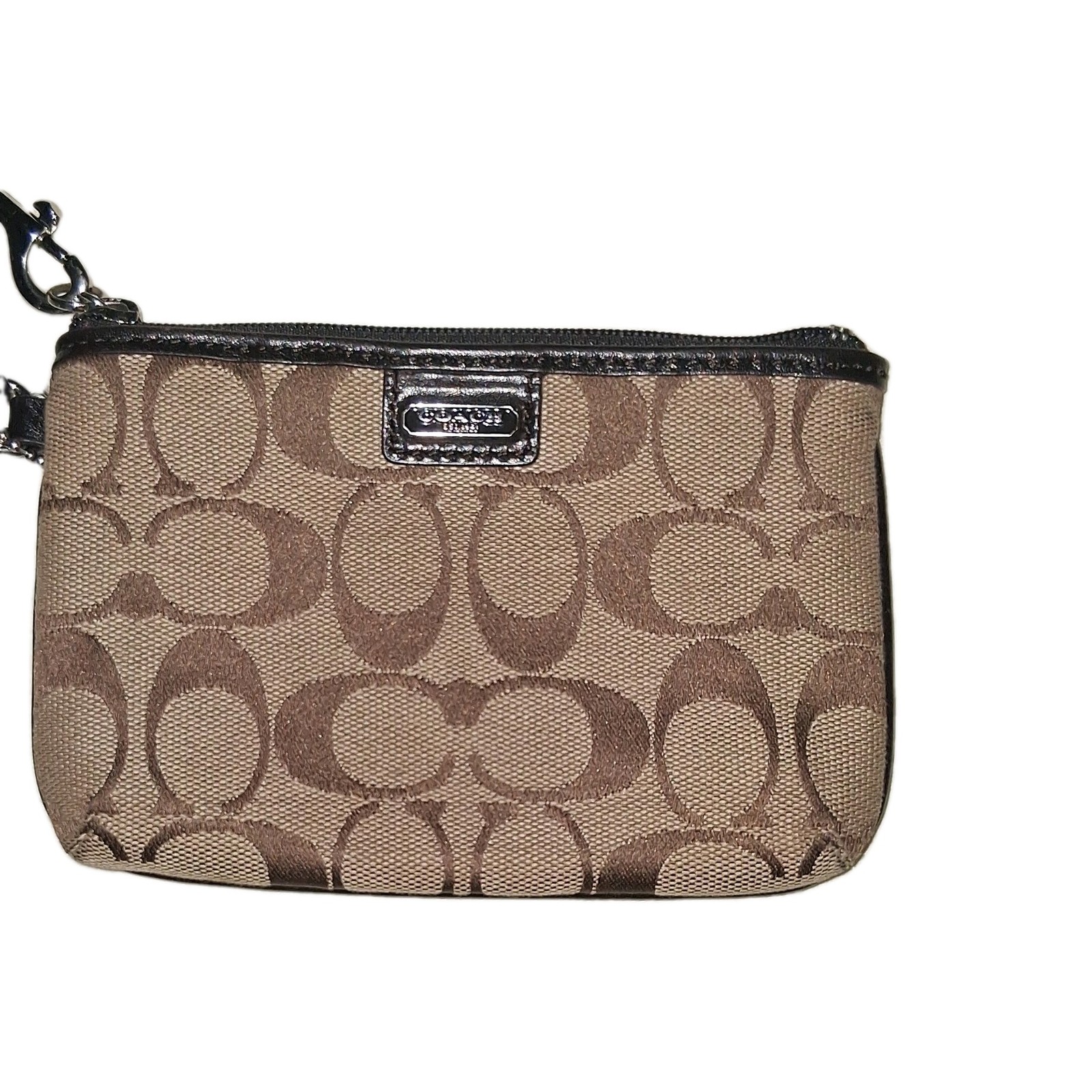 Coach Signature Logo Zip Wristlet Clutch, Small Beige Brown, Silver HW