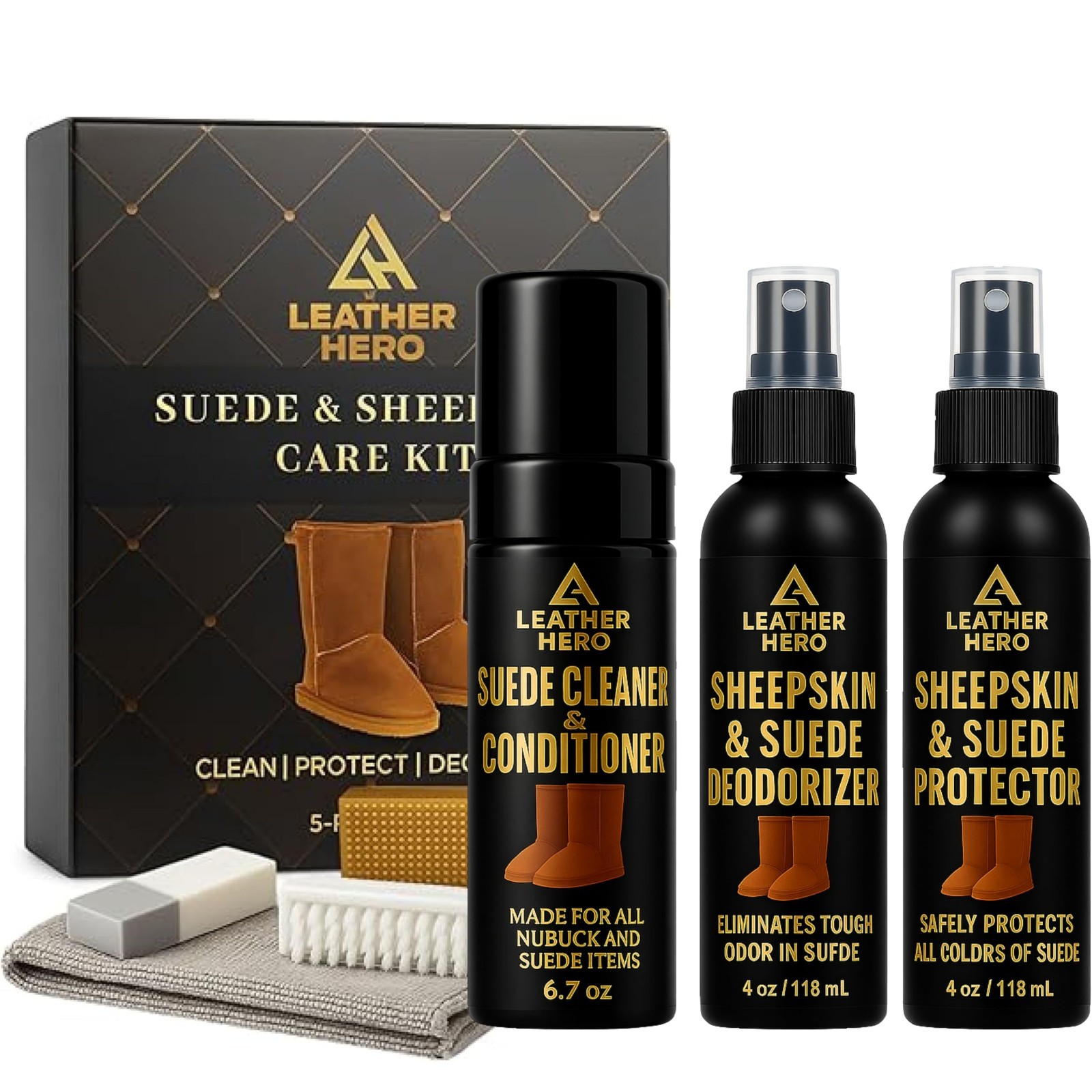 Suede & Sheepskin Care Kit – Foam Cleaner, Conditioner, Protector, Deodorizer &
