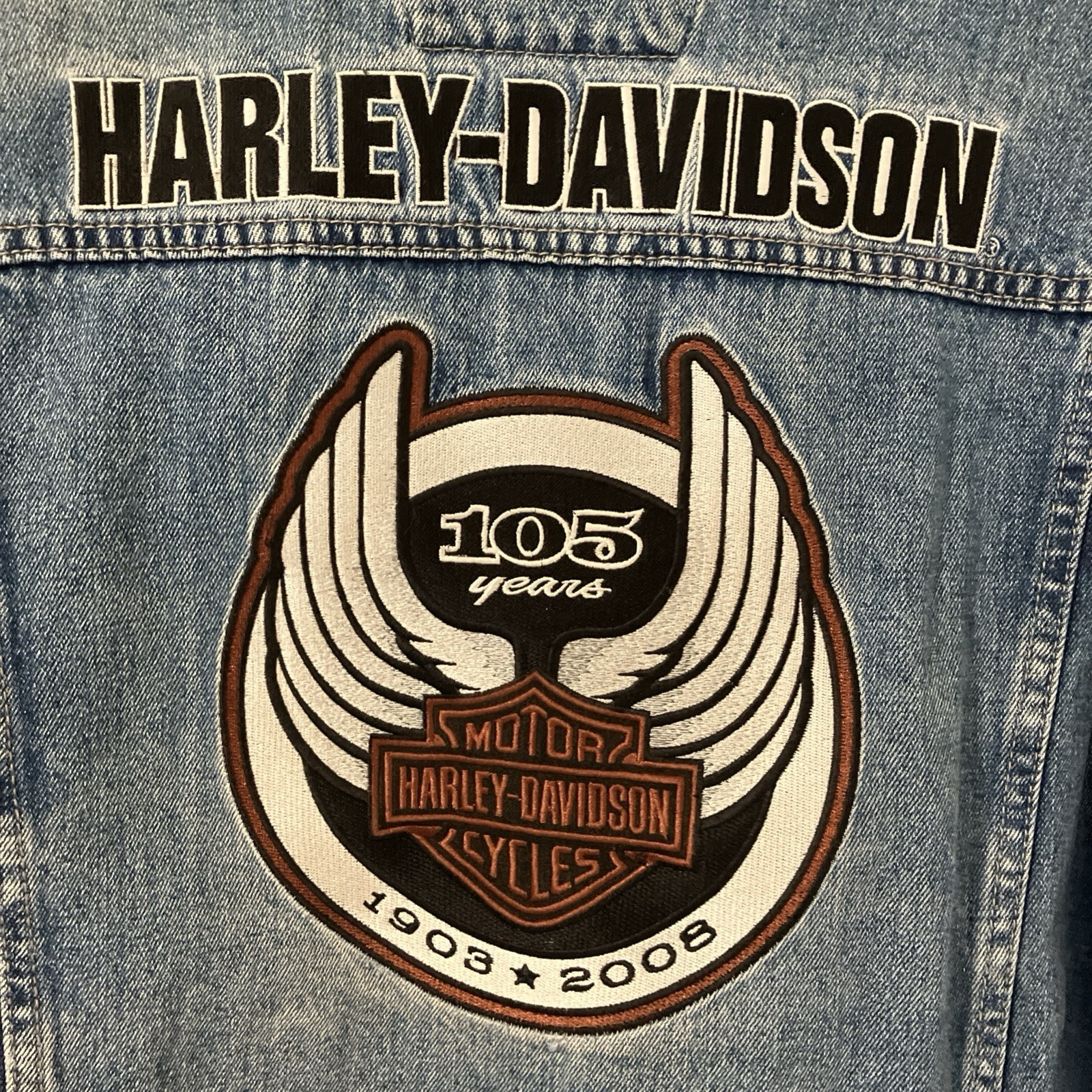 Vintage Harley Davidson Jacket Mens Large Denim 1903-2008 105th Anniversary Coat